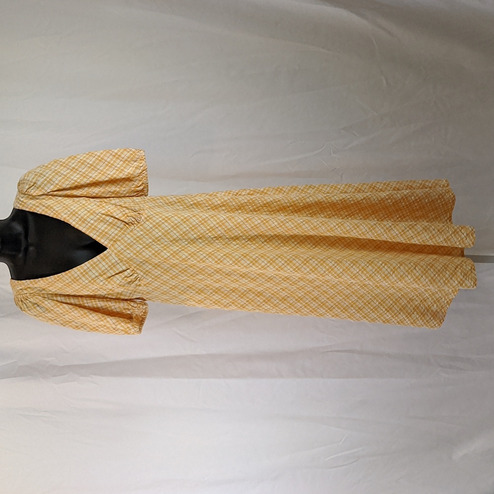 New Look Yellow and White Plaid Seersucker Cotton Cut-Out Back Tie Midi Dress 10